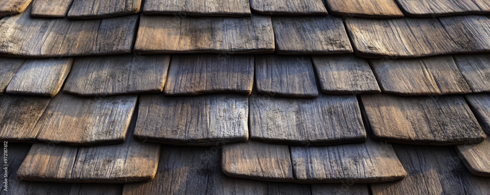 Rustic Charm: 3D Illustration of Old Wooden Shingles on Cottage Roof in Countryside Setting Rustic Charm: 3D Illustration of Old Wooden Shingles on Cottage Roof in Countryside Setting