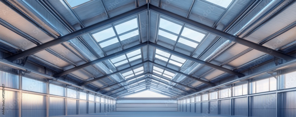 Modern Industrial Metal Roofing on Factory Building - Strong and Durable Structure in 3D Illustration Modern Industrial Metal Roofing on Factory Building - Strong and Durable Structure in 3D Illustration