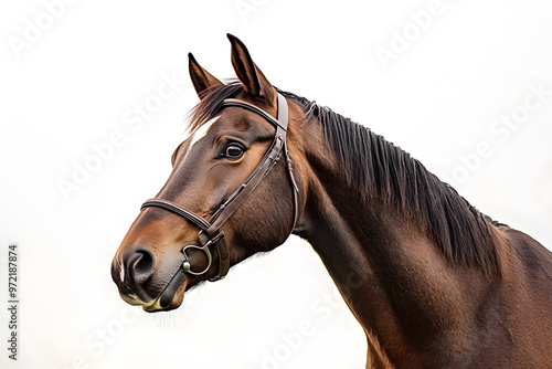 Close up brown horse portrait isolated on white background