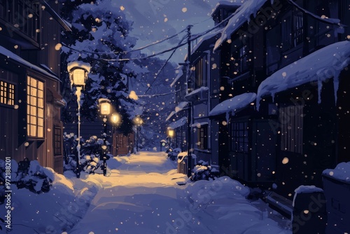 A Cozy Snowy Evening Walk Along A Quiet Village Street, With Softly Glowing Street Lamps And Snow-Covered Rooftops. Cozy Vibe, Generative AI