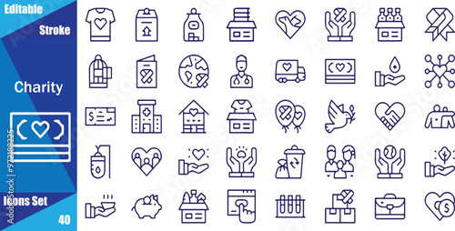 Love, friendship, care and charity concept editable stroke outline icons set isolated on white background flat vector illustration