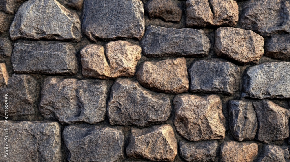 A textured stone wall composed of irregularly shaped stones. A textured stone wall composed of irregularly shaped stones.
