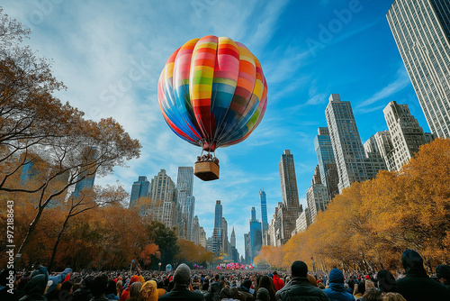 Brightly colored Macys Thanksgiving Day Parade balloon floats above cheering crowd against the backdrop of New York City skyline 