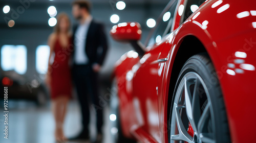 Wallpaper Mural Car salesperson showing a couple a sleek, red sports car, polished surfaces and modern lighting creating a luxurious atmosphere  Torontodigital.ca