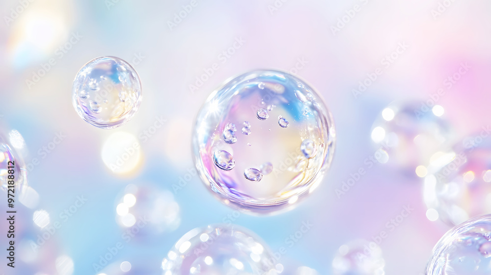 Delicate hyaluronic acid bubbles suspended in a crystal-clear serum, reflecting light as they float alongside Delicate hyaluronic acid bubbles suspended in a crystal-clear serum, reflecting light as they float alongside