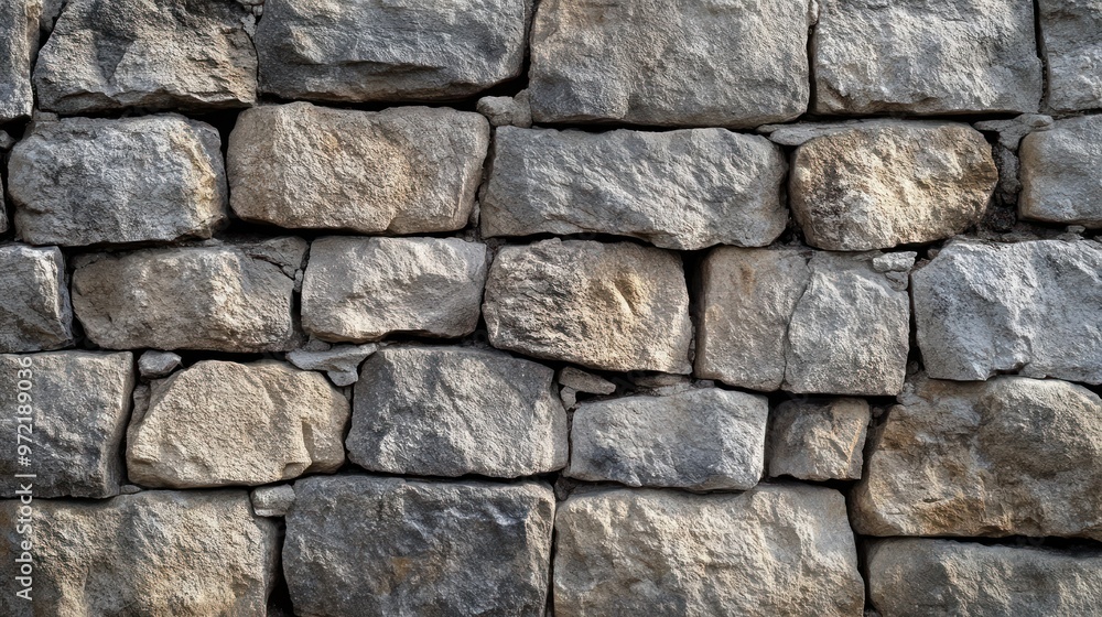 A textured stone wall made of irregularly shaped stones in various shades of gray. A textured stone wall made of irregularly shaped stones in various shades of gray.