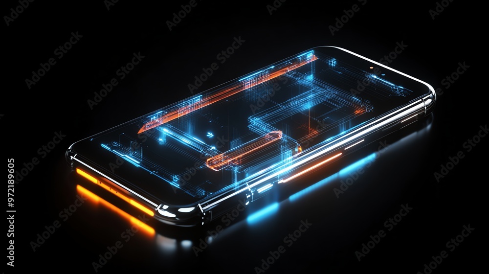 Smartphone with glowing blue and orange lines, futuristic technology concept. Smartphone with glowing blue and orange lines, futuristic technology concept.