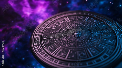 Colorful astrology wheel with all twelve zodiac signs, constellations, and planetary symbols on a cosmic starry background 