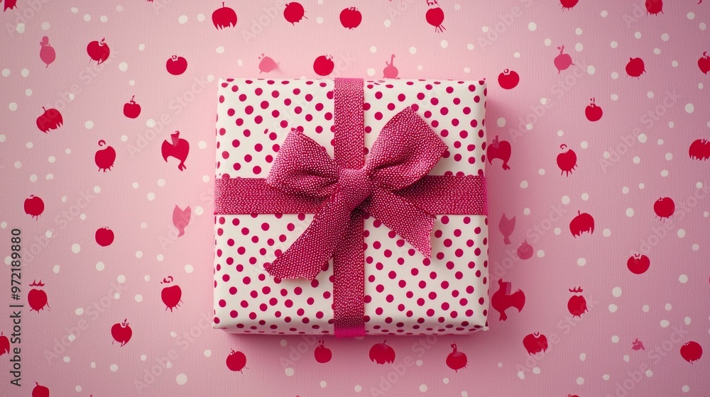 Fototapeta premium White gift box with pink polka dots and ribbon placed on a pink patterned background for a playful, festive design.
