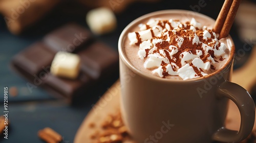 A cozy cup of hot chocolate topped with whipped cream and chocolate shavings, perfect for warming up on a cold day. photo