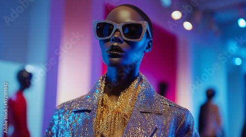 Creative fashion display with a mannequin wearing an avant-garde outfit, New York Fashion Week branding in the background 