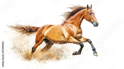 A brown horse runs with its mane and tail flowing in the wind