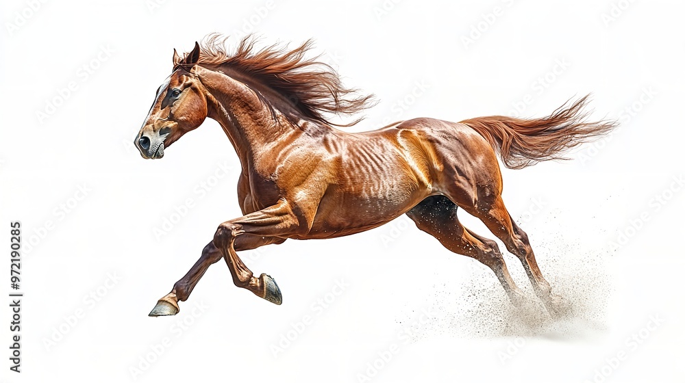 A brown horse runs with its mane and tail flowing in the wind A brown horse runs with its mane and tail flowing in the wind