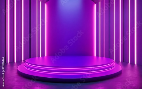 3D Neon Colors Circular Podium in Bright Purple Room for Technology Concept Product Display and Mockup Showroom. Generative Ai