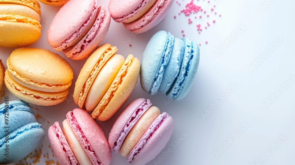 Macaroon dessert on light background. Colorful pastel macarons close up, generated AI Macaroon dessert on light background. Colorful pastel macarons close up, generated AI