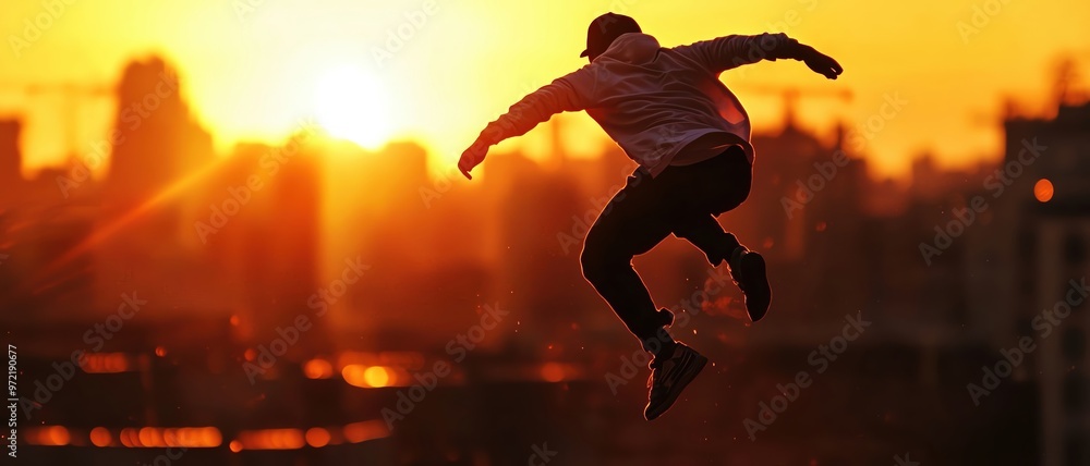 A dynamic silhouette of a jumper against a stunning sunset backdrop, embodying freedom and energy in urban exploration. A dynamic silhouette of a jumper against a stunning sunset backdrop, embodying freedom and energy in urban exploration.