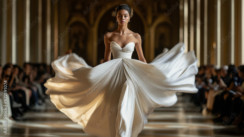 Fototapeta premium Dramatic Paris Fashion Week runway with models in flowing gowns, wind machine blowing fabric, grand ornate venue 