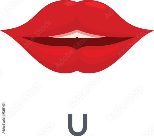 Illustration of red lips pronouncing the letter u, suitable for educational materials related to phonetics and speech therapy