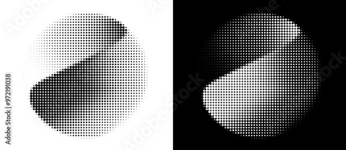Modern abstract background with halftone dots in circle. Logo, icon or design element. Black dots on a white background and white dots on the black side.