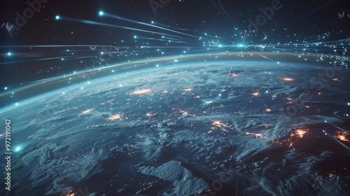 Wallpaper Mural A futuristic view of earth from space  a glowing network of digital connections and satellites Torontodigital.ca