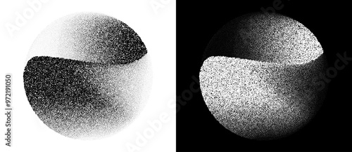 Abstract background with dotted circles. Random stipple dots background. Black shapes on a white background and the same white shapes on the black side.