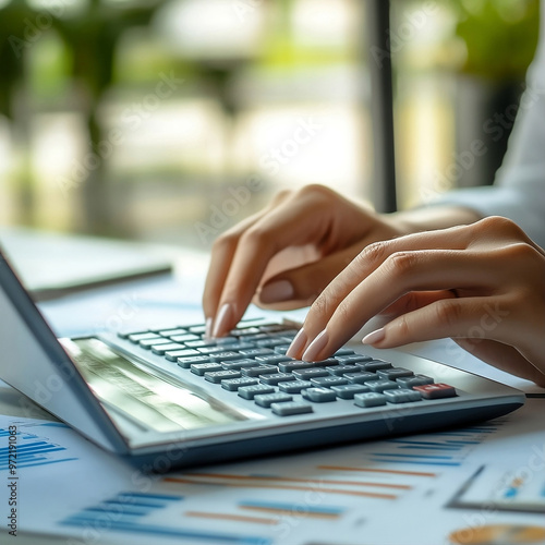 A close-up image of a woman is working on her laptop in a modern office, typing on the keyboard.