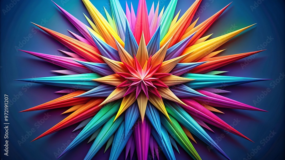 Vibrant, multi-pointed starbursts in shimmering shades of emerald green, sapphire blue, and amethyst burst forth on a Vibrant, multi-pointed starbursts in shimmering shades of emerald green, sapphire blue, and amethyst burst forth on a