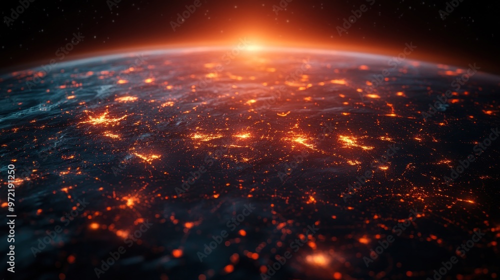 A glowing view of Earth from space, showcasing a network of lights. A glowing view of Earth from space, showcasing a network of lights.