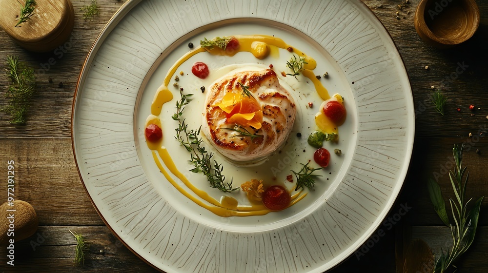 Gourmet food dish with fish, sauce, and herbs. Gourmet food dish with fish, sauce, and herbs.