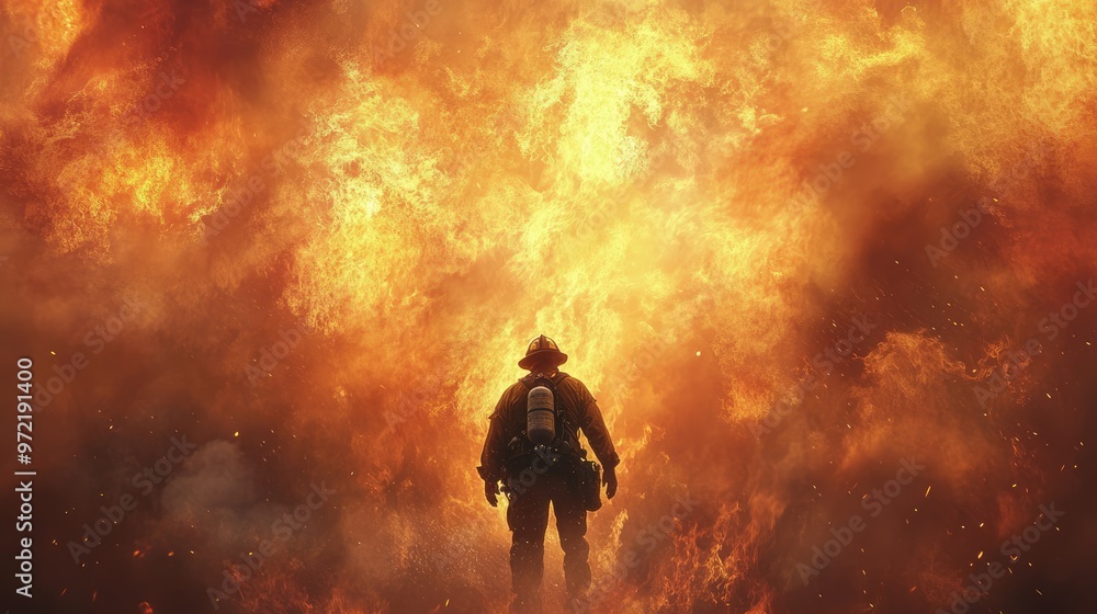 A lone firefighter stands bravely in front of a massive blaze. A lone firefighter stands bravely in front of a massive blaze.