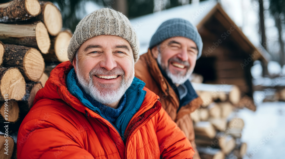 Elderly couple smiling while stacking firewood together in a winter landscape with their log cabin nearby Elderly couple smiling while stacking firewood together in a winter landscape with their log cabin nearby