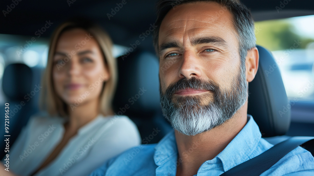 Family test driving a new car with a sales associate in the passenger seat, father driving, mother looking at the dashboard, dealership lot in background Family test driving a new car with a sales associate in the passenger seat, father driving, mother looking at the dashboard, dealership lot in background