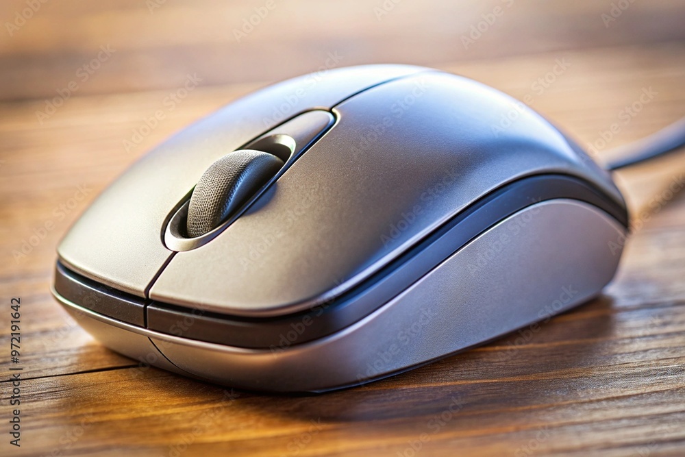 A silver computer mouse is sitting on a table A silver computer mouse is sitting on a table