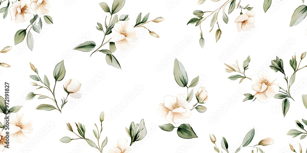 A pattern of small pink roses and green leaves on a white background. A pattern of small pink roses and green leaves on a white background.