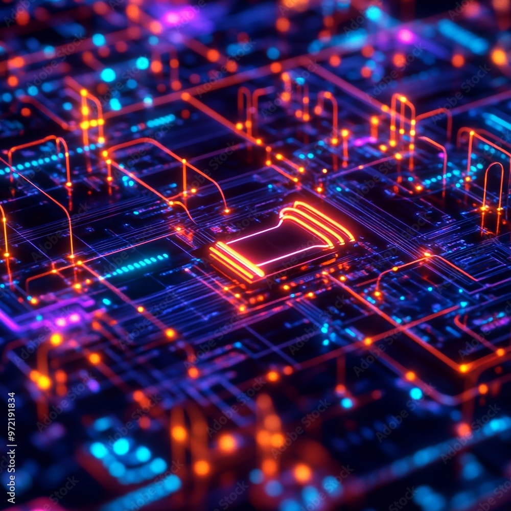 Detailed view of a circuit board with visible electrical wave patterns and glowing components Detailed view of a circuit board with visible electrical wave patterns and glowing components