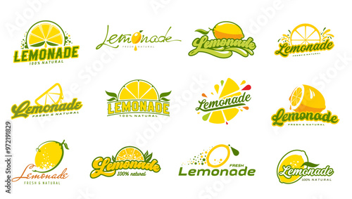 Lemonade drink icons set, lemon fruit juice vector labels with fresh yellow citrus, juicy slices and splashes. Lemon or lime fruit lemonade drink, tropical juice and soda beverage, sweet drops, leaves