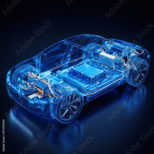 a 3d mesh of a car showing the wiring network inside,generative ai