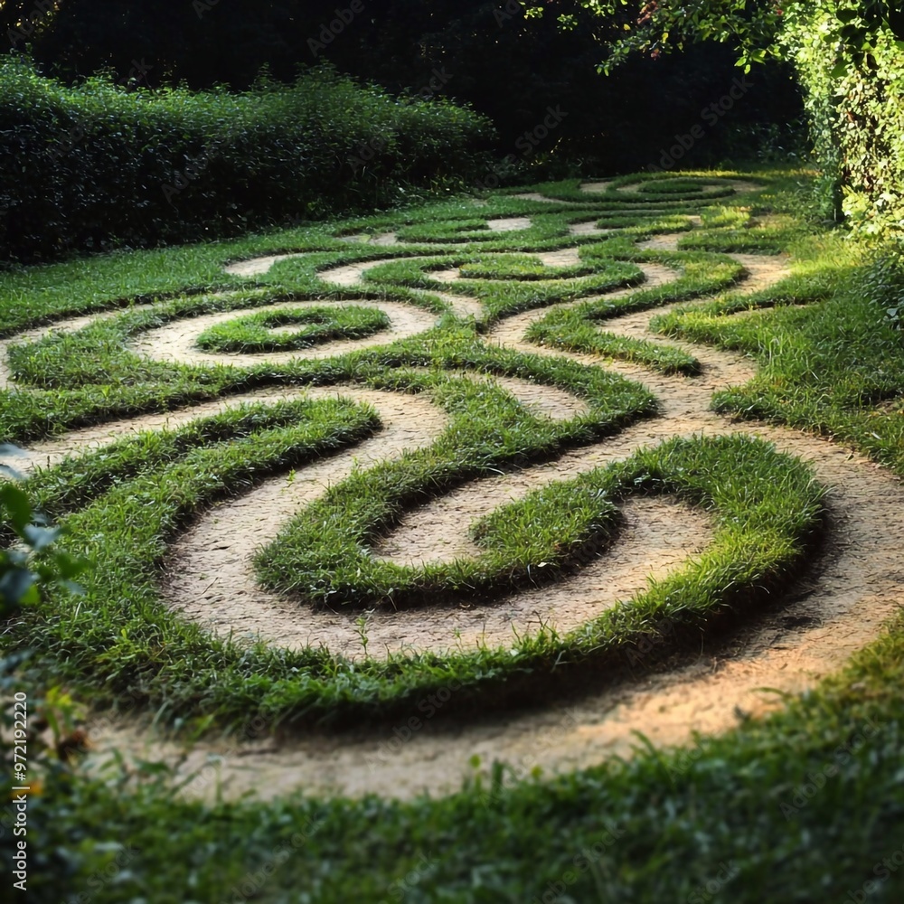 Beautiful green labyrinth in the forest in the light of the sun. Generated by artificial intelligence Beautiful green labyrinth in the forest in the light of the sun. Generated by artificial intelligence