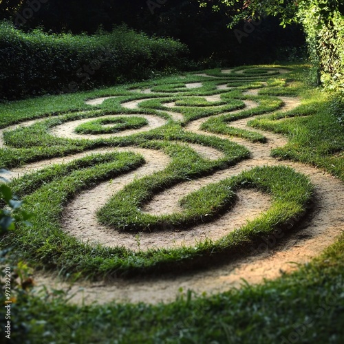 Beautiful green labyrinth in the forest in the light of the sun. Generated by artificial intelligence