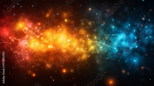 Cosmic Connection: A High-Energy Abstract Nebula of Vibrant Orange and Blue Galaxies Linked by Electric Light Trails in Deep Space