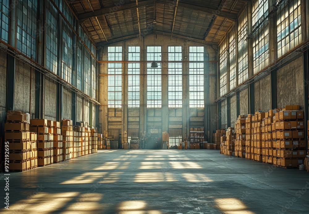 Industrial Warehouse with Sunlight Streaming Through Windows Industrial Warehouse with Sunlight Streaming Through Windows
