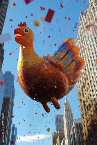 Giant turkey balloon hovers amidst confetti showers against NYC skyscrapers during Macys Thanksgiving Day Parade  photo