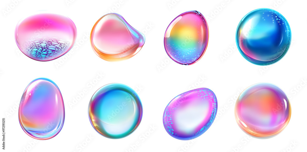 3D iridescent holographic liquid bubbles set isolated on white background 3D iridescent holographic liquid bubbles set isolated on white background