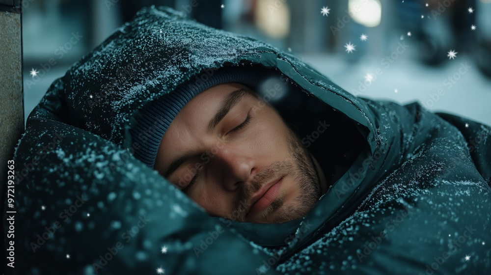Homeless man wrapped in a sleeping bag, sleeping on the sidewalk beside a storefront, snowflakes accumulating Homeless man wrapped in a sleeping bag, sleeping on the sidewalk beside a storefront, snowflakes accumulating