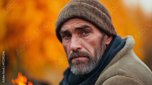 Homeless man with a weathered face and wool hat, sitting beside a small fire, orange autumn trees behind 