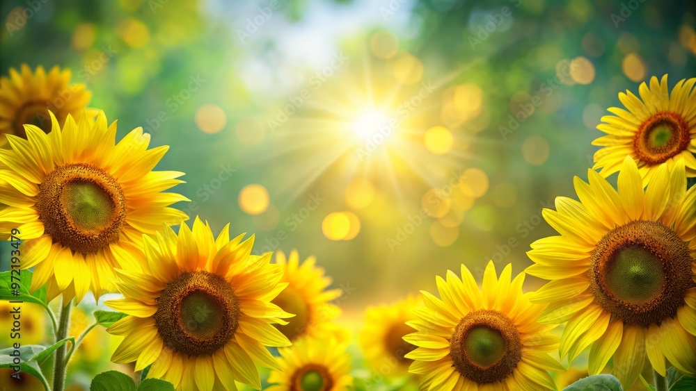 Fototapeta premium Vibrant sunflower heads take center stage against a soft-focused green background, creating a whimsical and lively