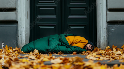 Homeless person sleeping in a doorway, covered by a sleeping bag, autumn leaves scattered across the sidewalk  photo