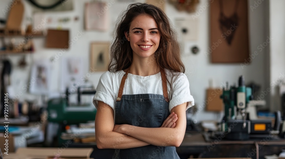 Smiling woman with arms crossed in a workshop. Great for websites, articles, and social media content related to small business, entrepreneurship, or crafts. Smiling woman with arms crossed in a workshop. Great for websites, articles, and social media content related to small business, entrepreneurship, or crafts.