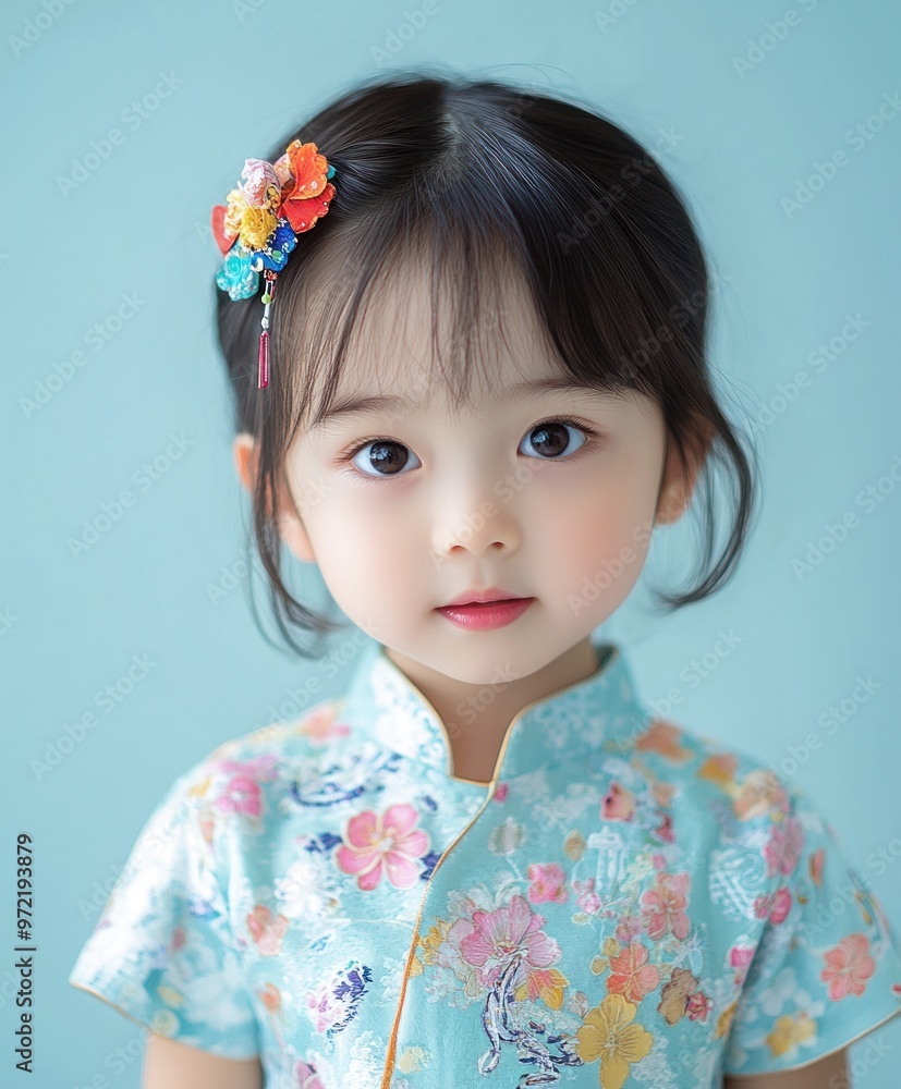 A young girl wearing a flowery dress and a flowery headband A young girl wearing a flowery dress and a flowery headband