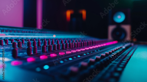 Large mixing console for sound editing, multiple sliders, and headphones in a dimly lit studio 